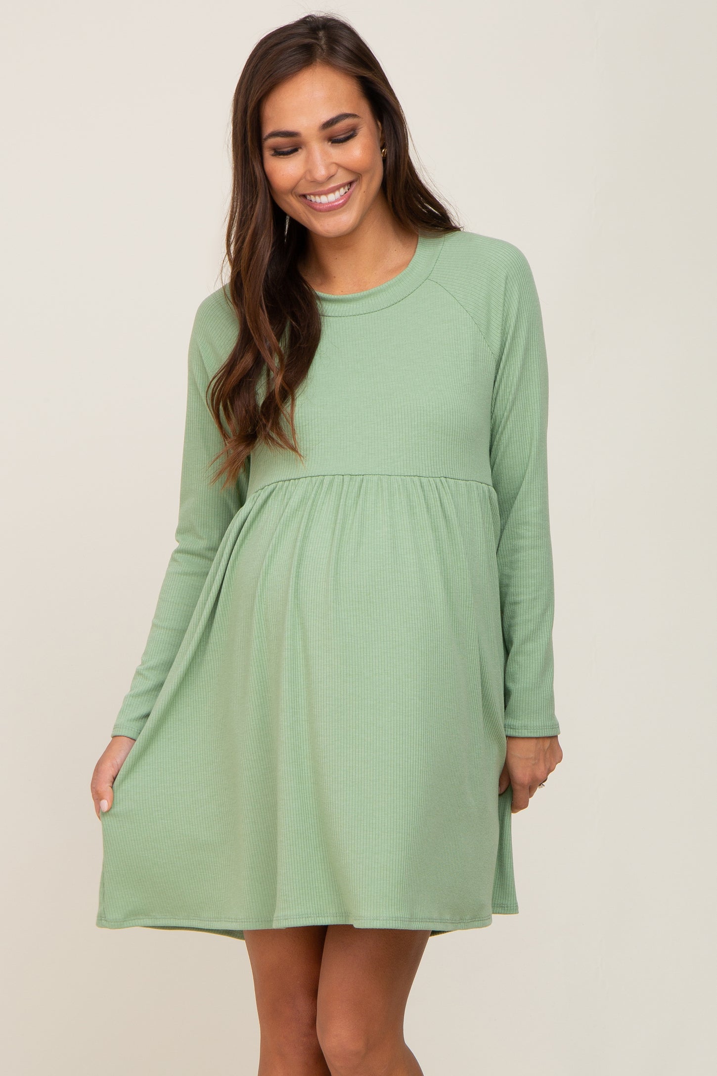 Green Ribbed Basic Long Sleeve Maternity Dress