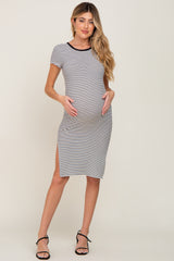 White Striped Side Slit Fitted Maternity Midi Dress