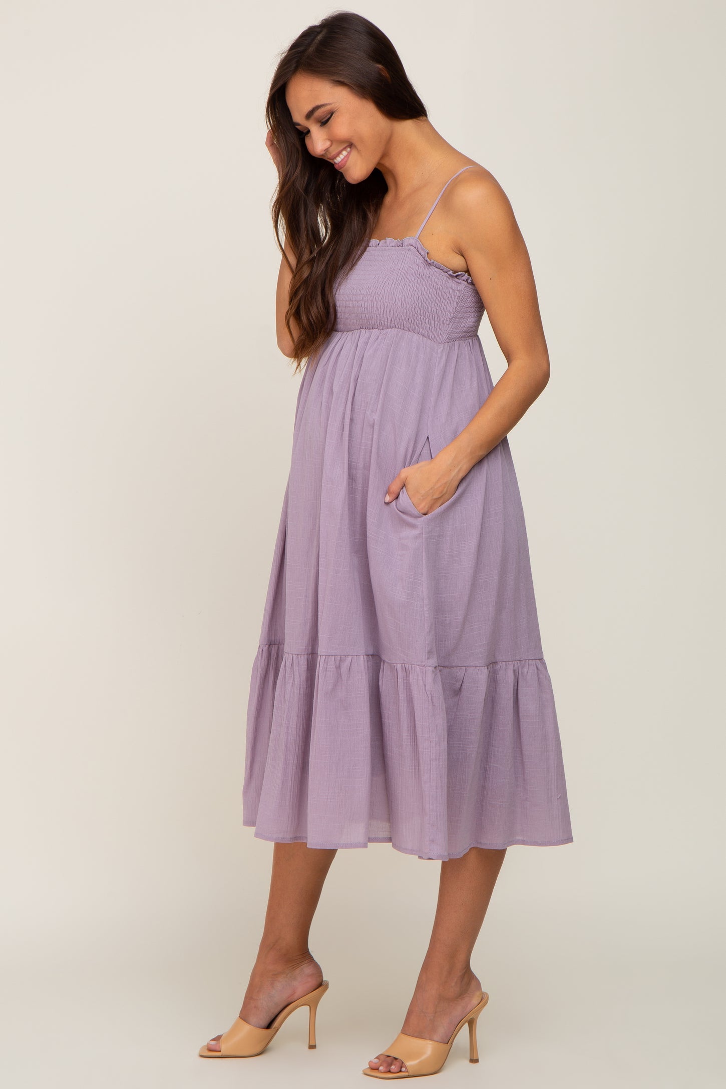 Lavender Smocked Sleeveless Linen Maternity Midi Dress