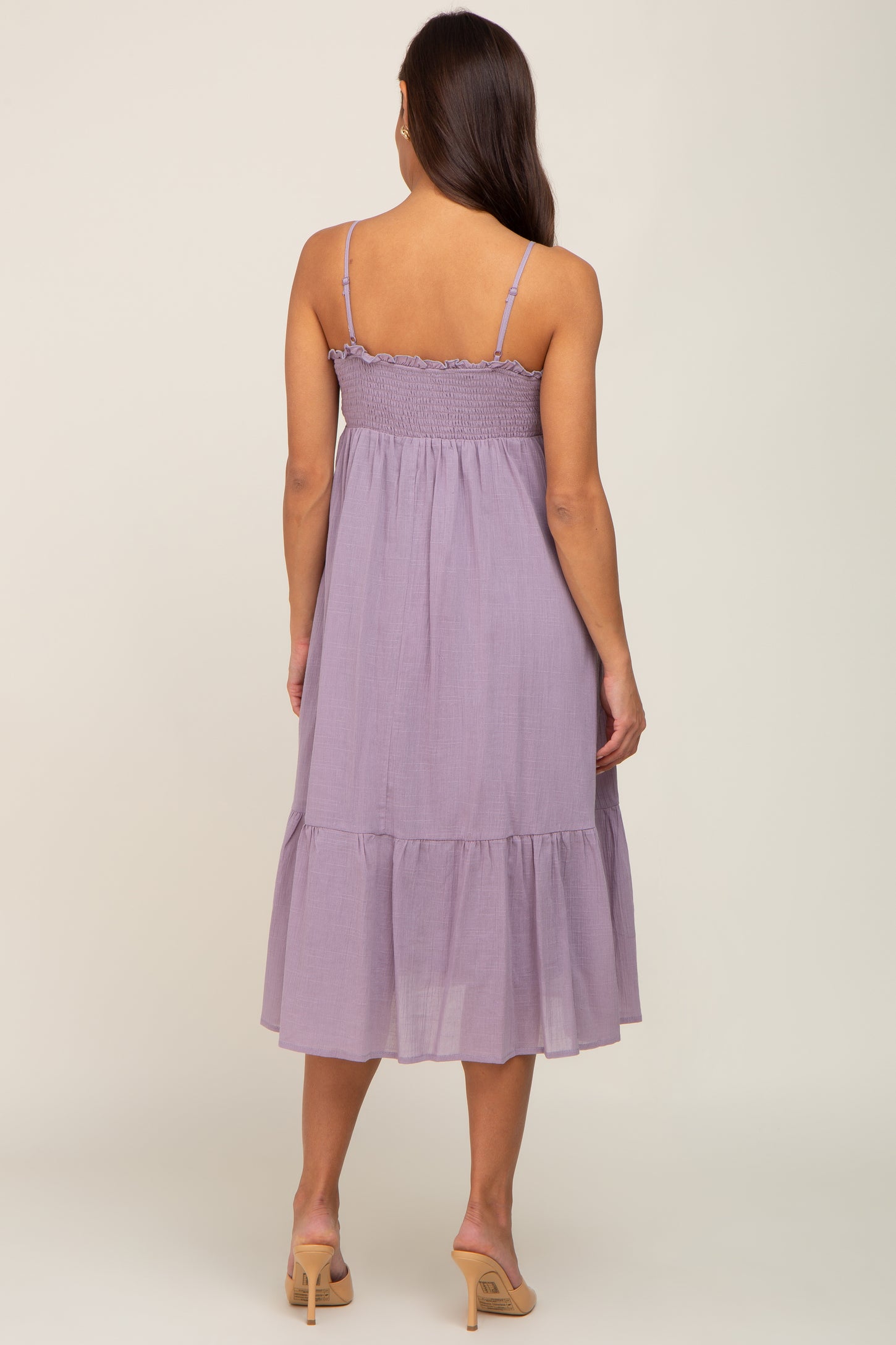 Lavender Smocked Sleeveless Linen Maternity Midi Dress