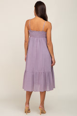 Lavender Smocked Sleeveless Linen Maternity Midi Dress
