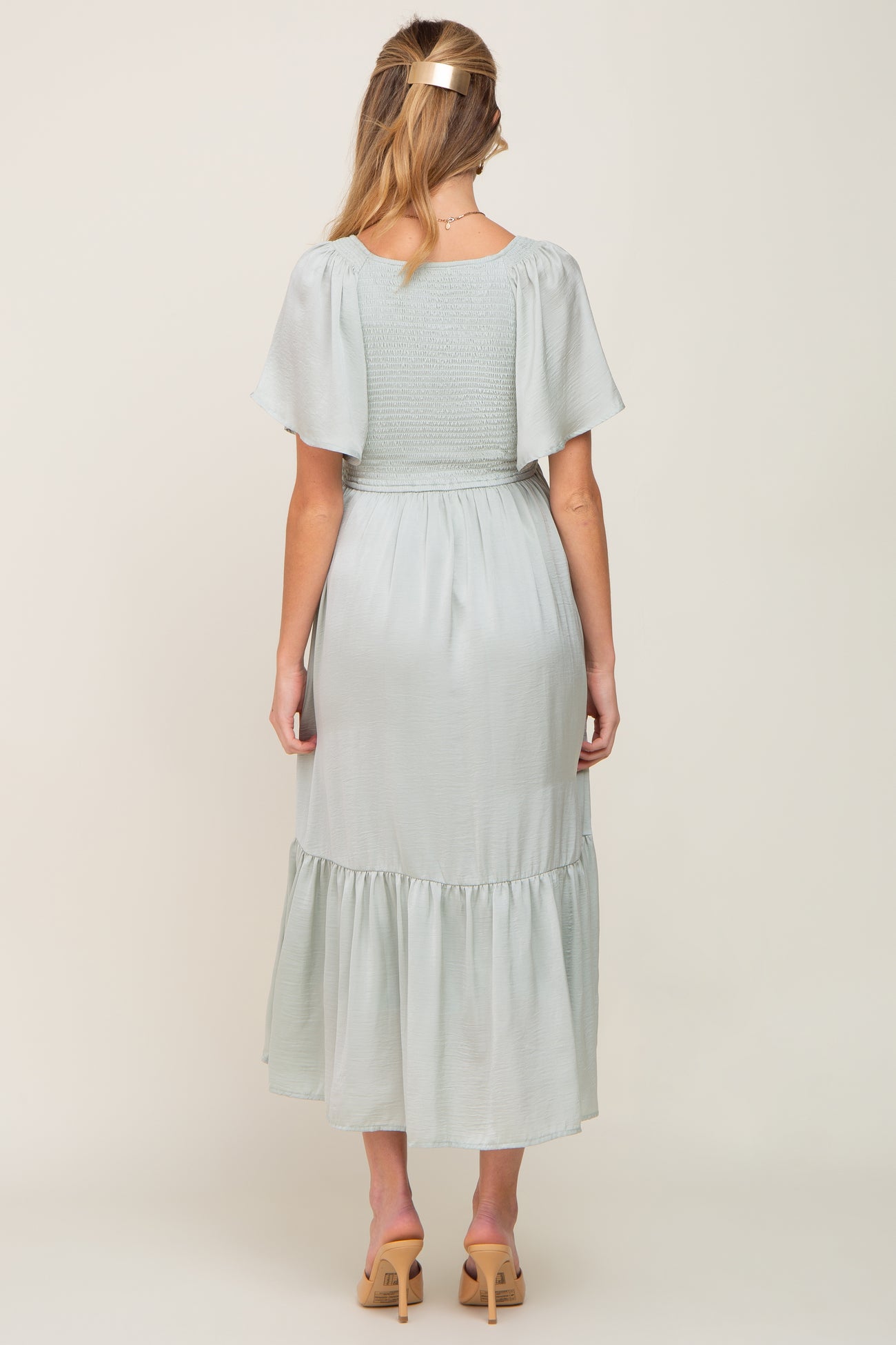 Mint Green Satin Smocked Maternity Midi Dress