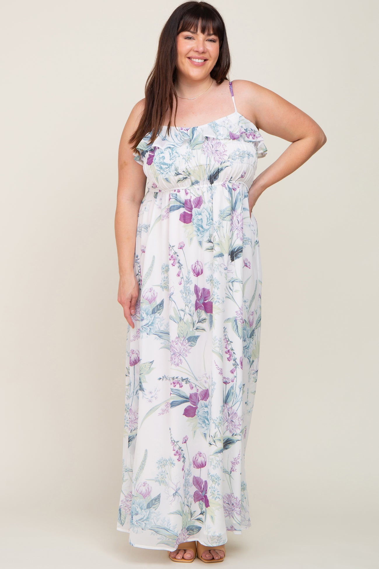 White Floral Sleeveless Ruffle Plus Maternity Maxi Dress