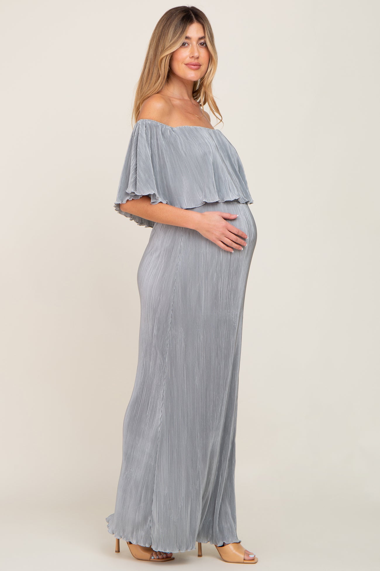 Sage Pleated Ruffle Off Shoulder Maternity Maxi Dress