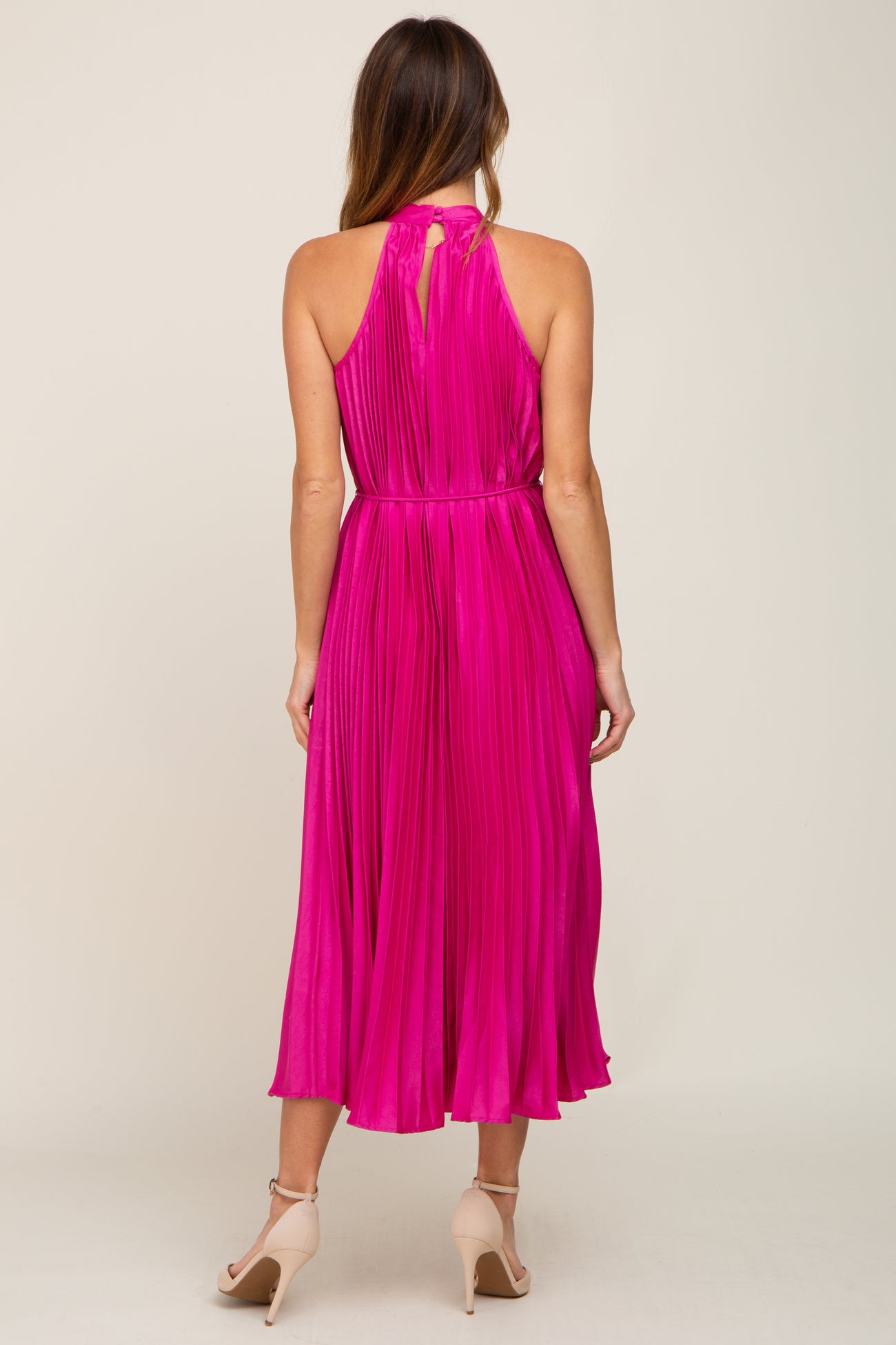 Fuchsia Pleated Halter Dress