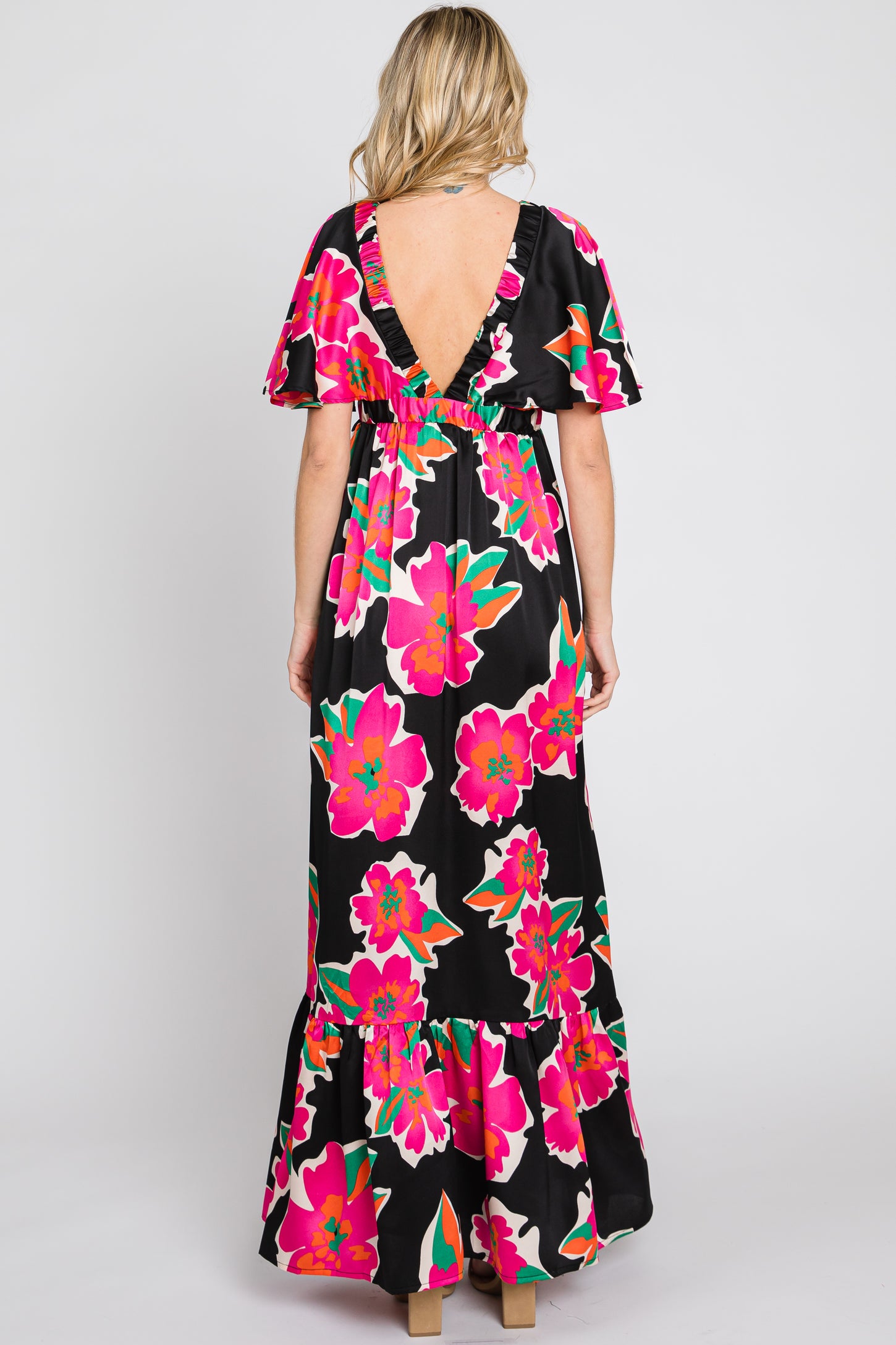 Black Floral Flounce Sleeve Maxi Dress