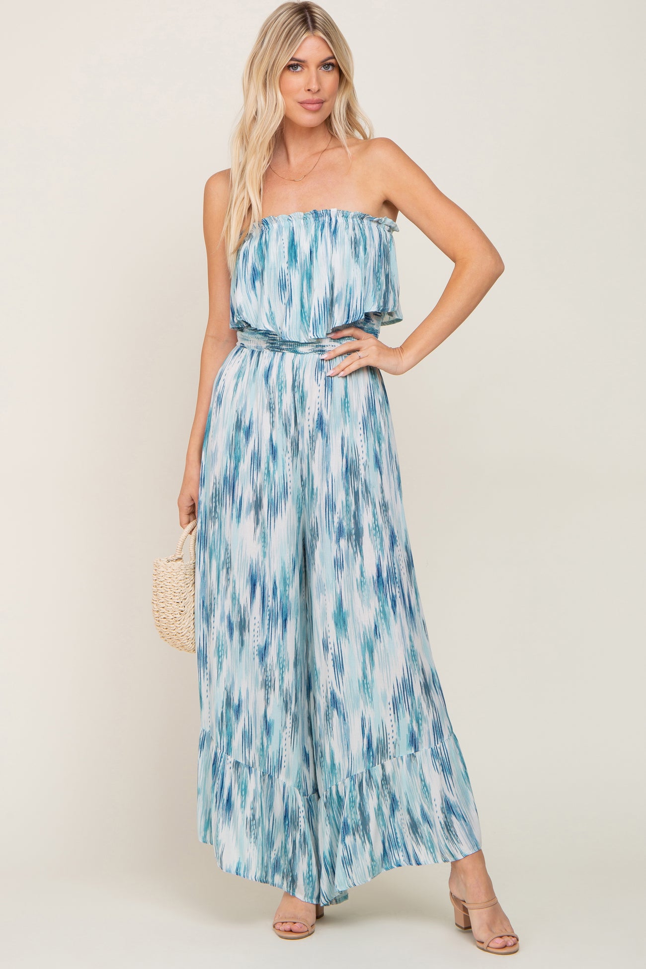 Blue Printed Sleeveless Flounce Maternity Jumpsuit