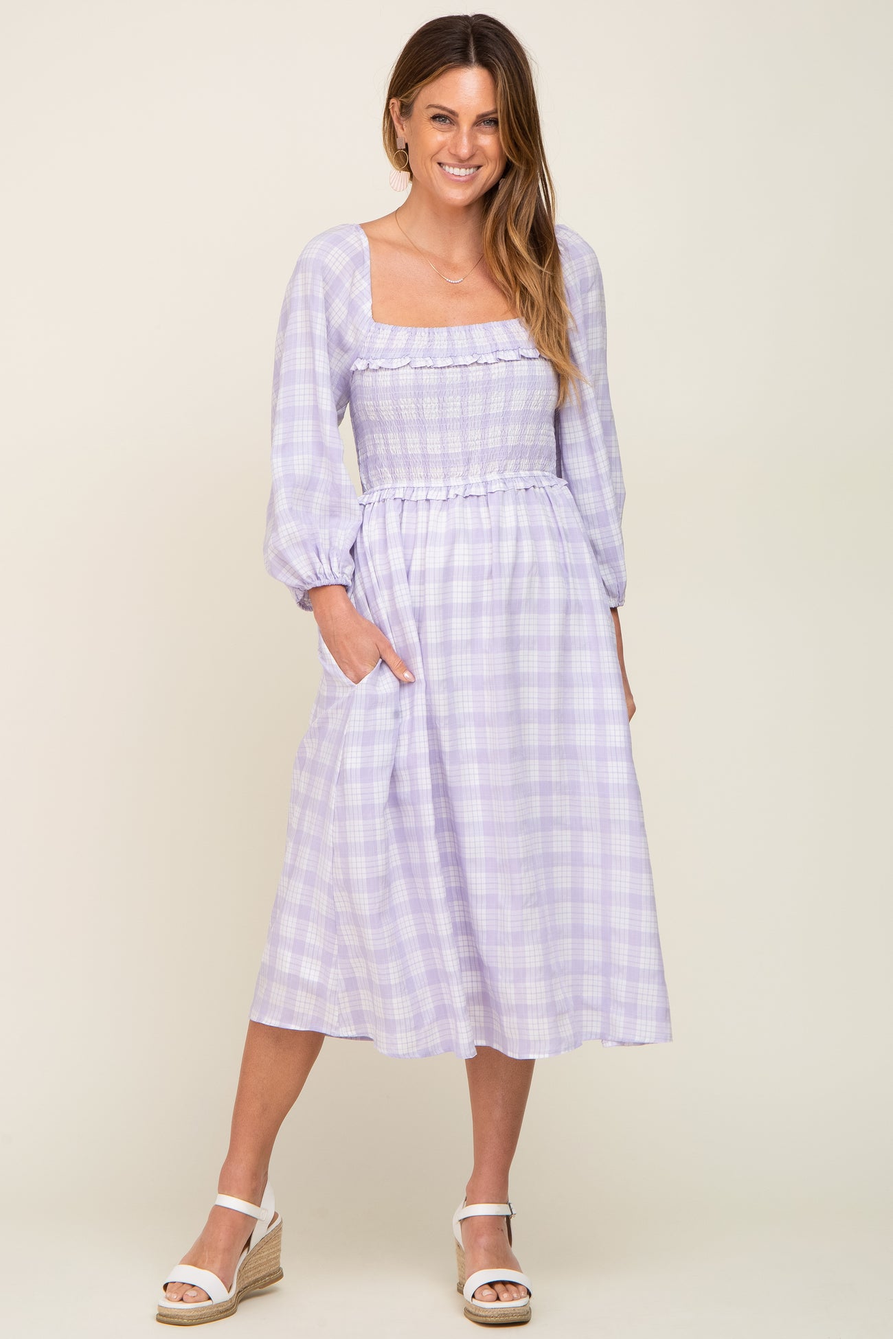 Lavender Plaid Smocked Square Neck Lace-Up Back Maternity Midi Dress