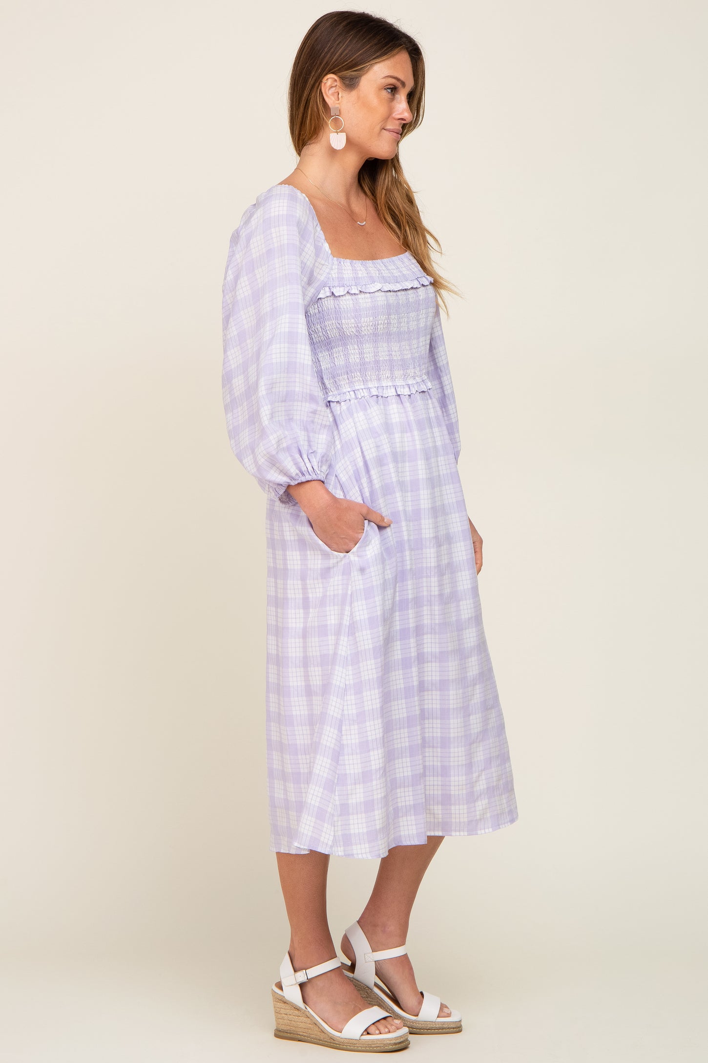 Lavender Plaid Smocked Square Neck Lace-Up Back Midi Dress