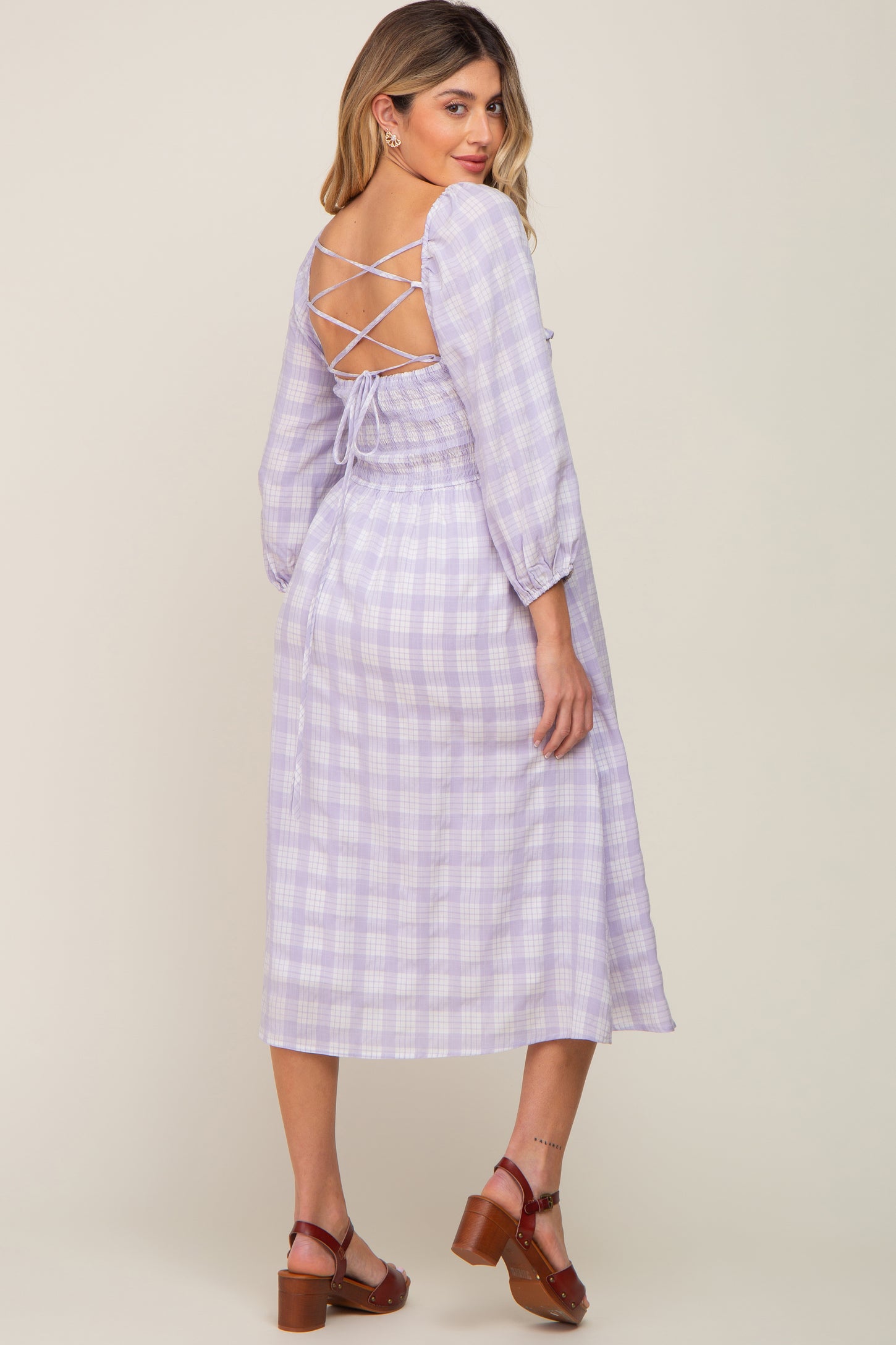 Lavender Plaid Smocked Square Neck Lace-Up Back Maternity Midi Dress