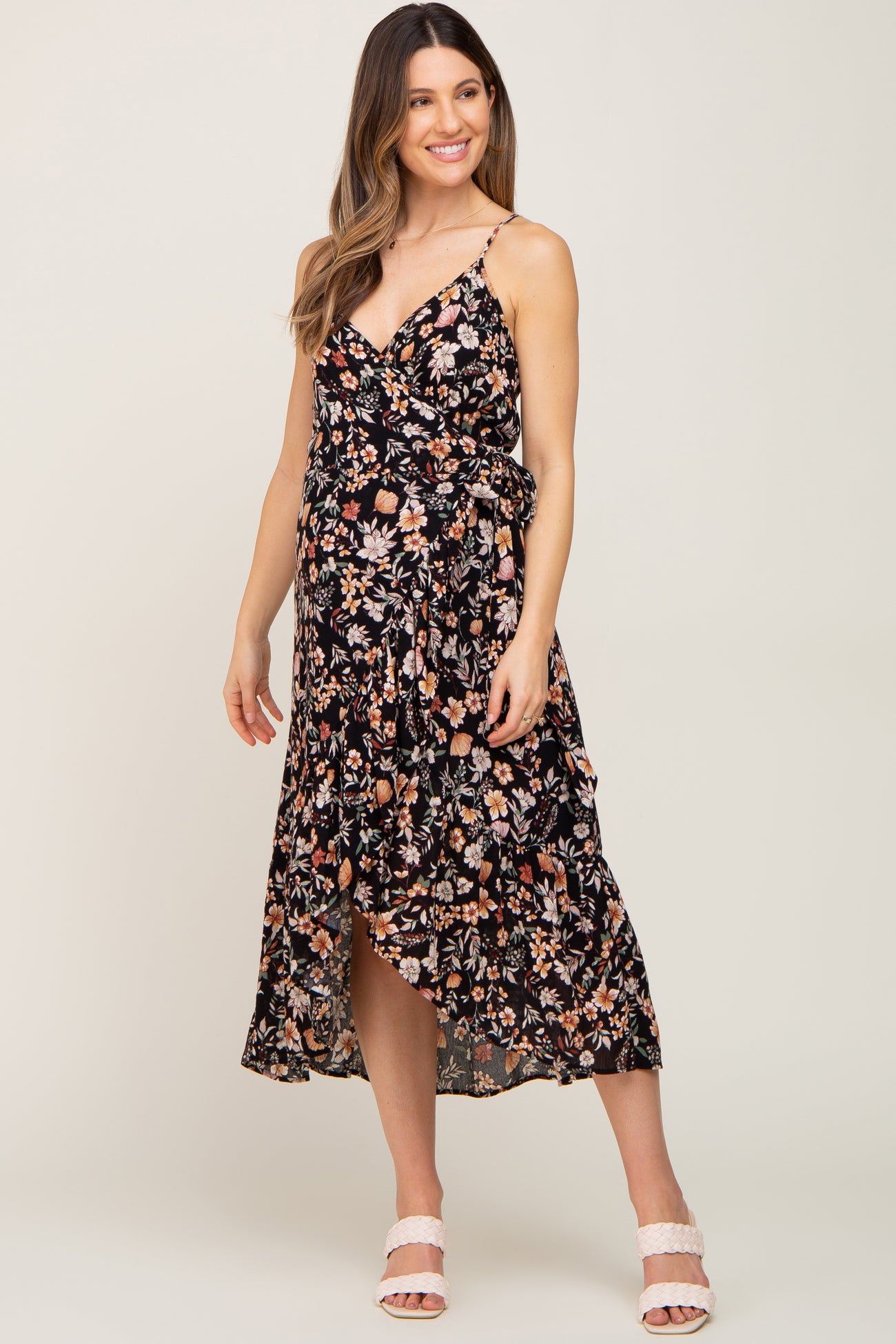 Black Floral Sleeveless Maternity Midi Wrap Dress
