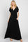 Woman wearing a black short sleeve wrap maxi dress with a waist tie and pockets