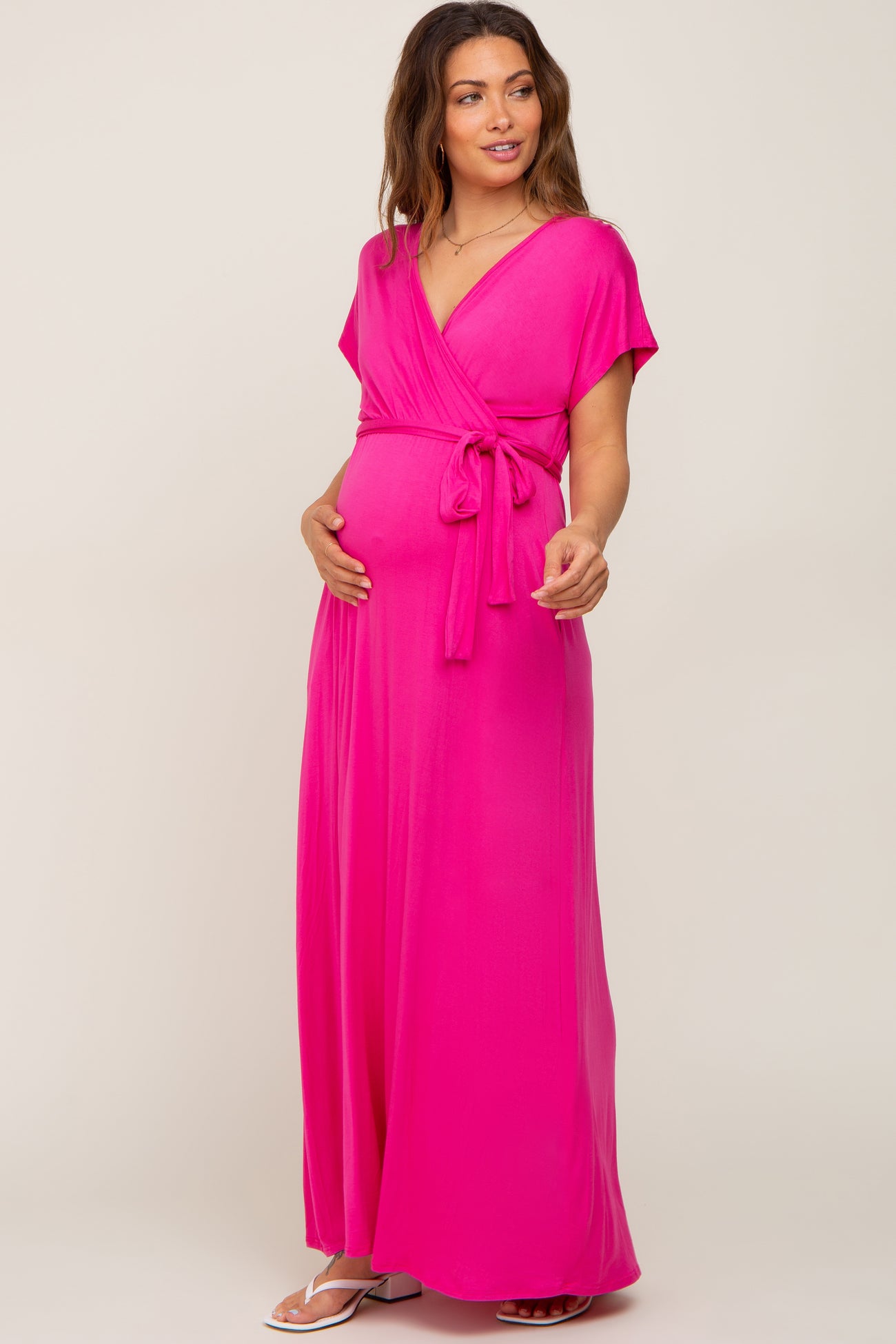 Fuchsia Basic Maternity Wrap Maxi Dress
