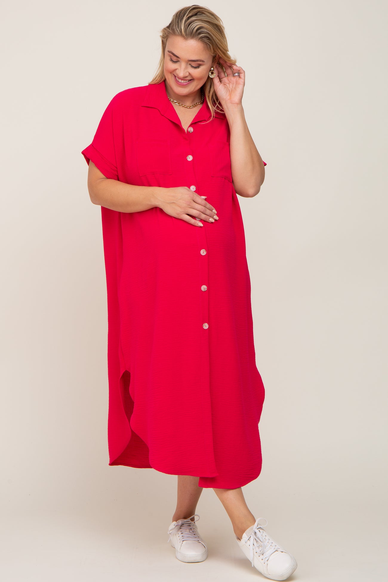 Fuchsia Button Down Hi Low Maternity Plus Maxi Dress