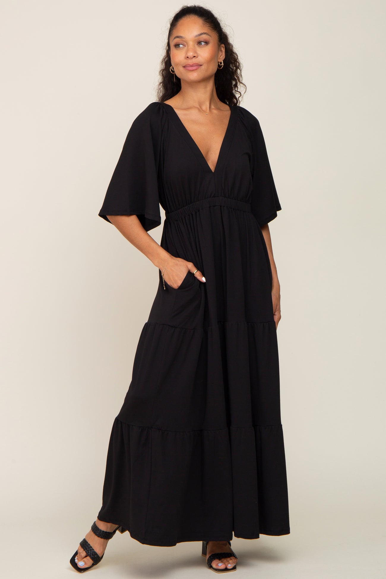 Black Deep V-Neck Tiered Maxi Dress