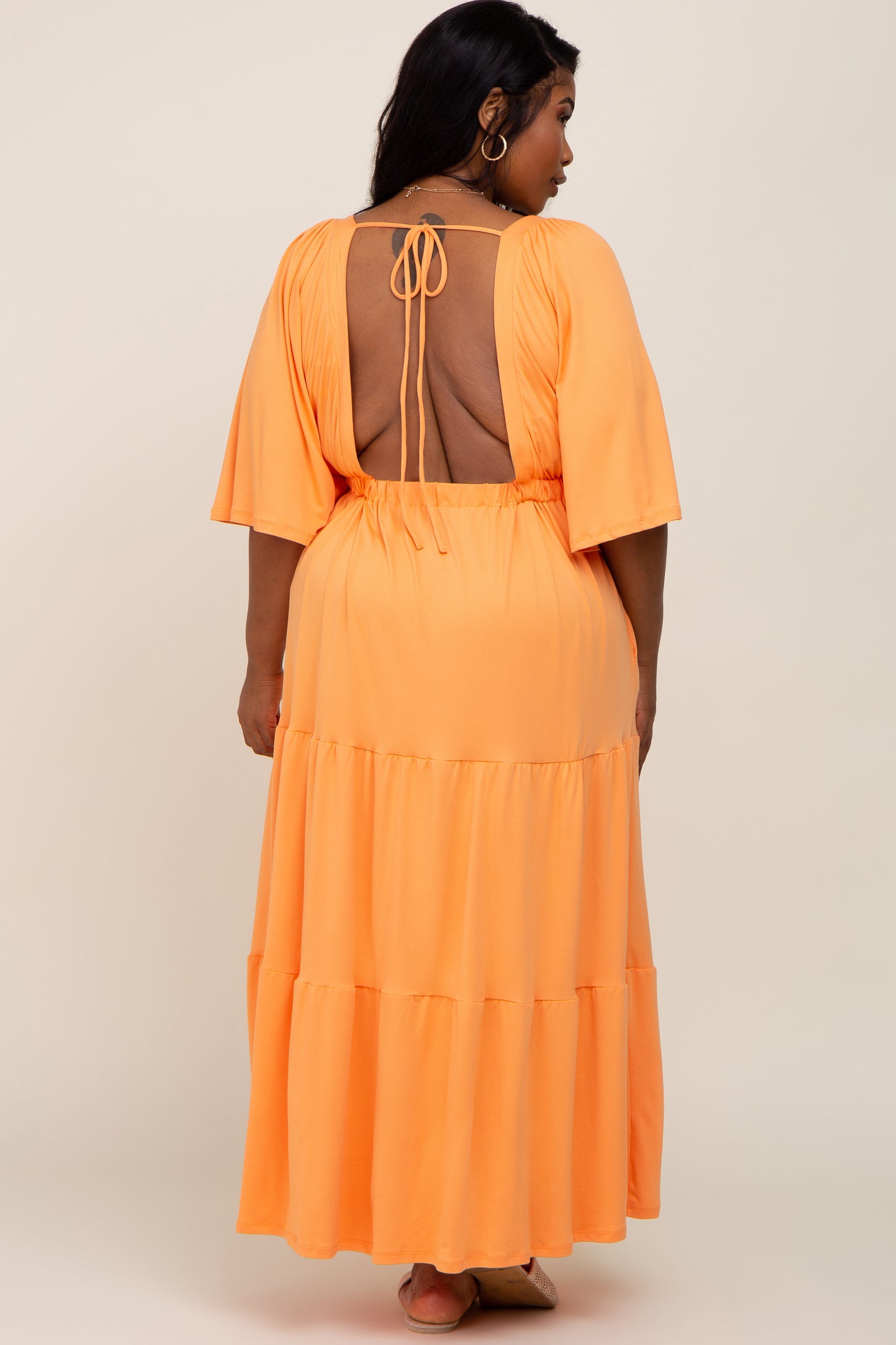 Orange Deep V-Neck Tiered Plus Maxi Dress