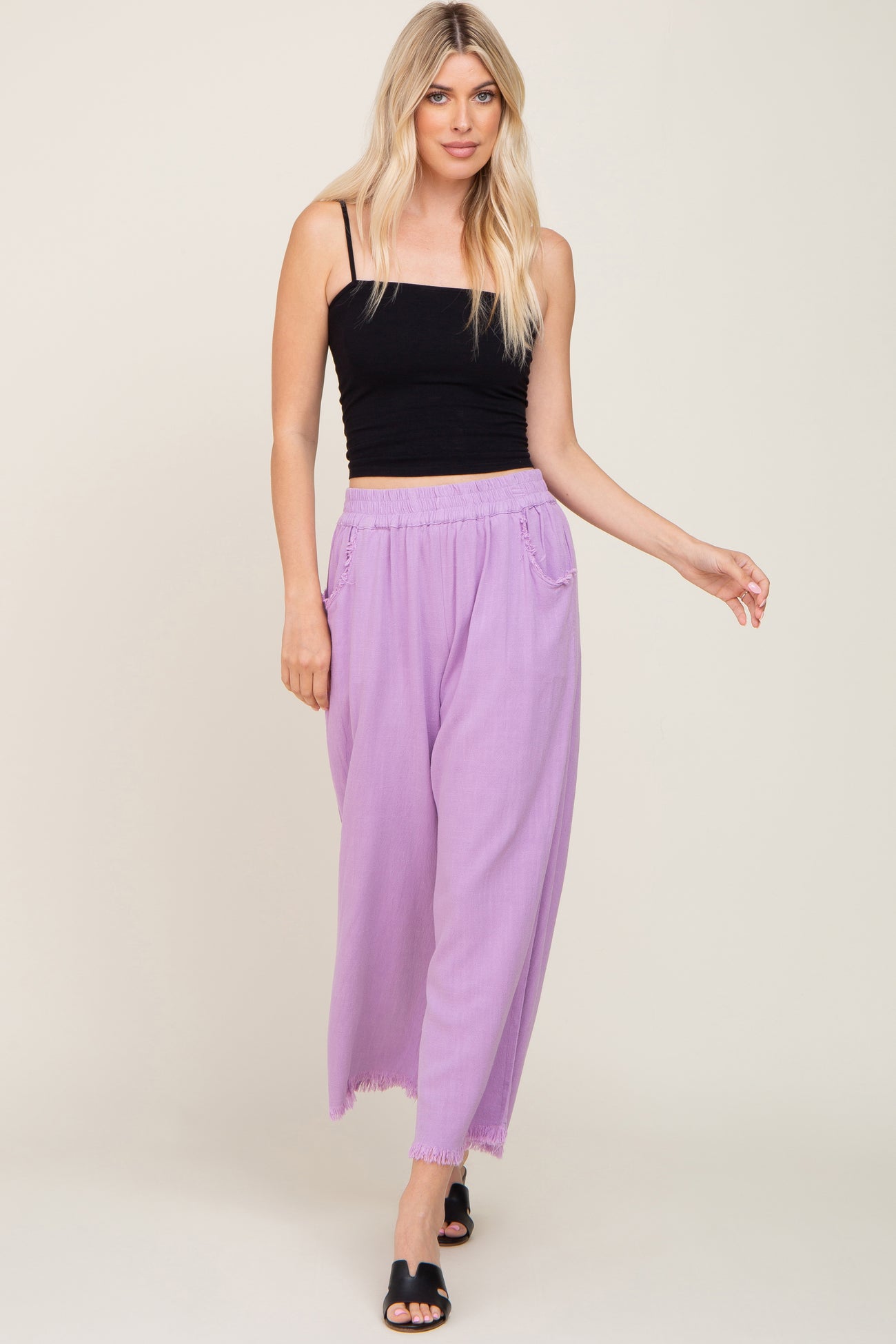 Lavender Linen Frayed Hem Crop Maternity Pants