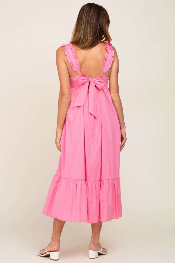 Pink Ruffle Accent Back Tie Midi Dress