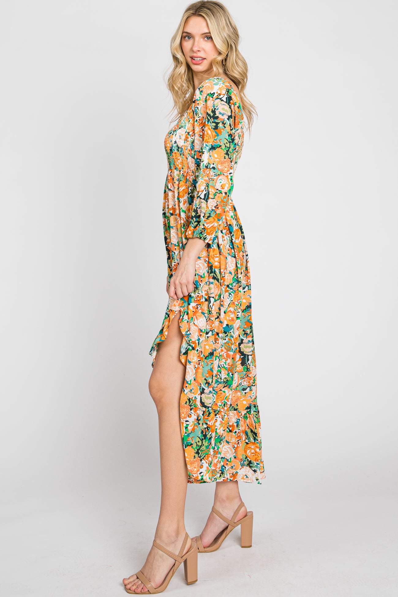 Green Multi-Color Floral Smocked Hi-Lo Dress