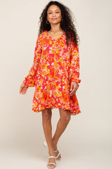 Coral Floral Button Front Ruffle Accent Dress