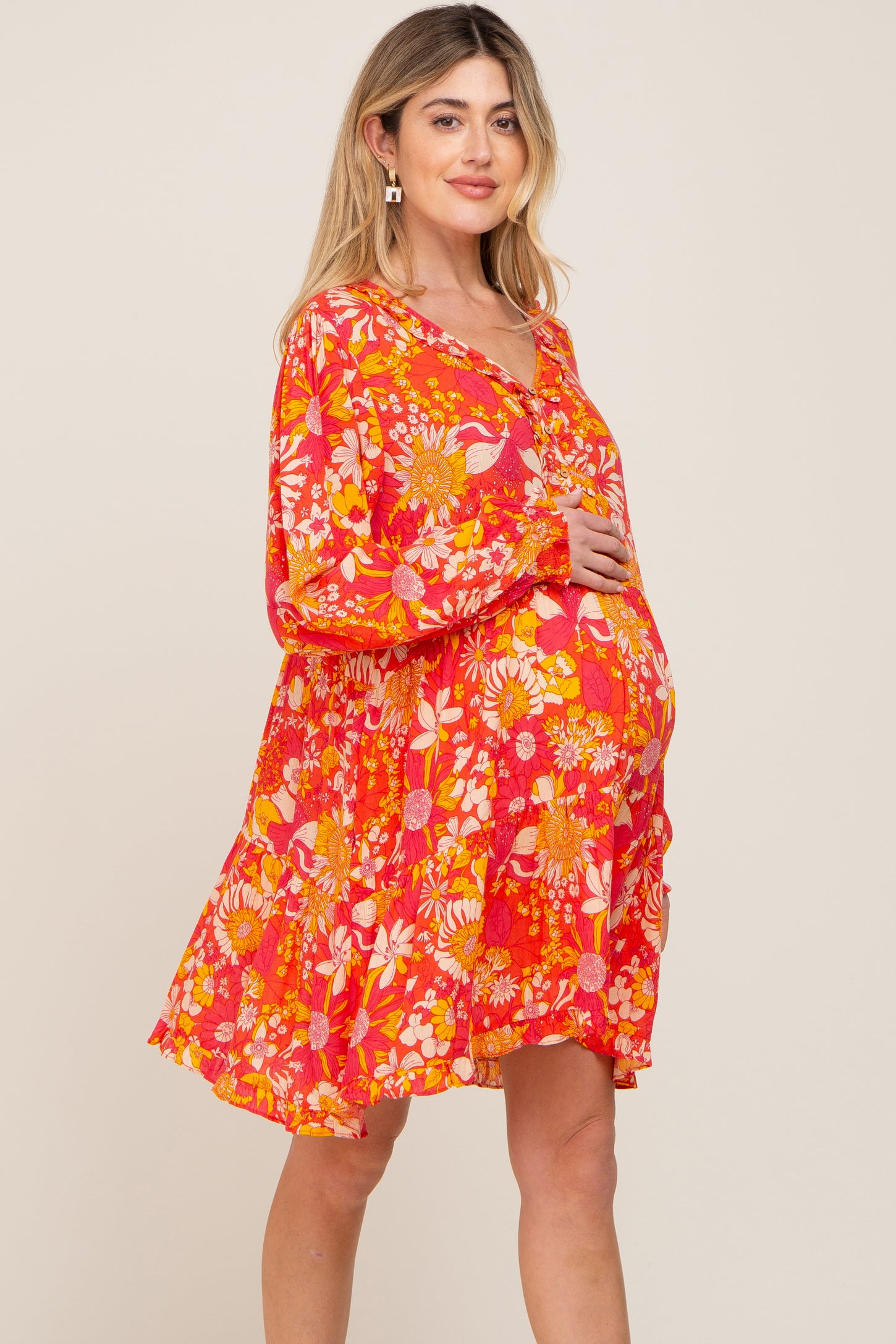Coral Floral Button Front Ruffle Accent Maternity Dress