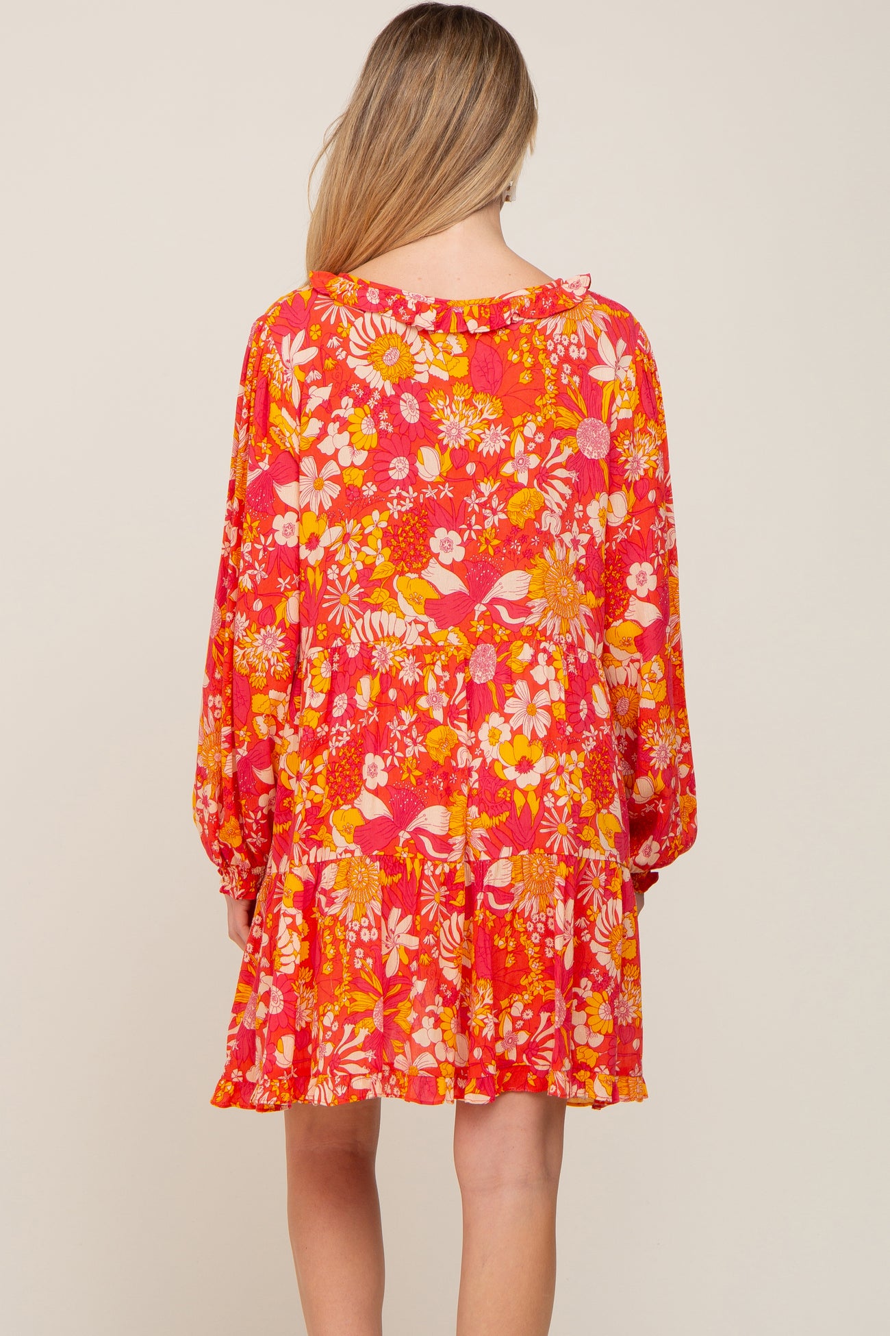 Coral Floral Button Front Ruffle Accent Maternity Dress