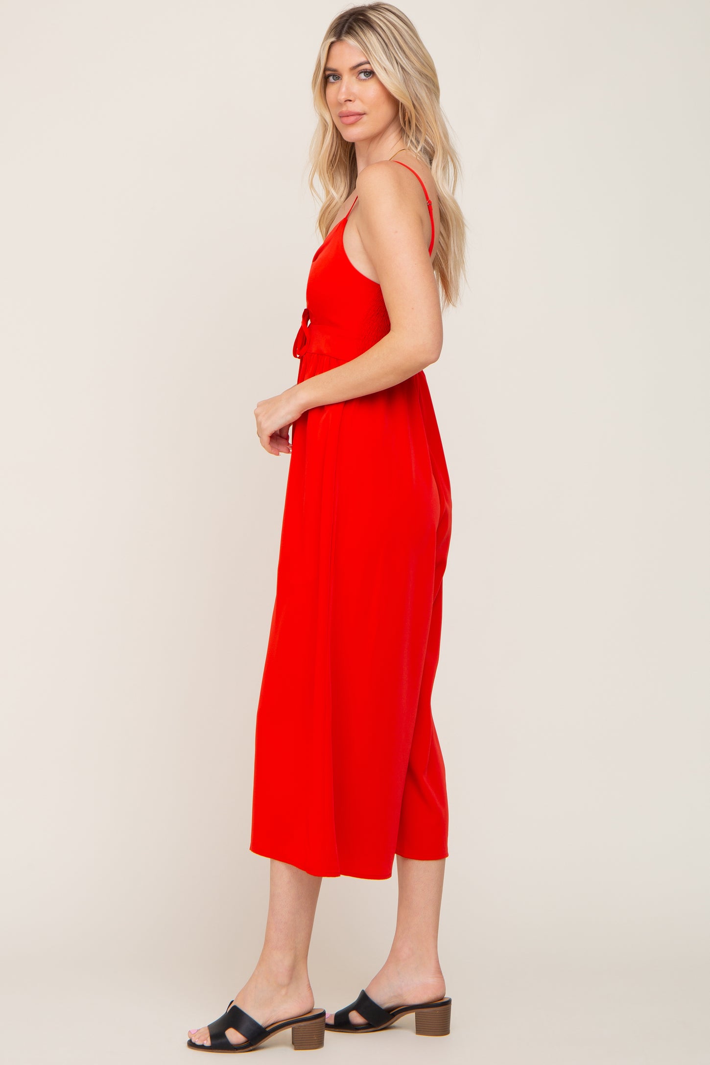 Red Sleeveless Ruched Drawstring Jumpsuit
