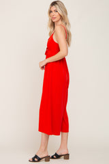 Red Sleeveless Ruched Drawstring Jumpsuit