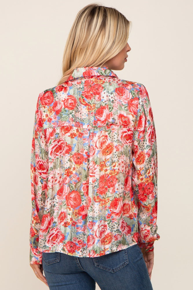 Red Floral Semi Sheer Shimmer Blouse