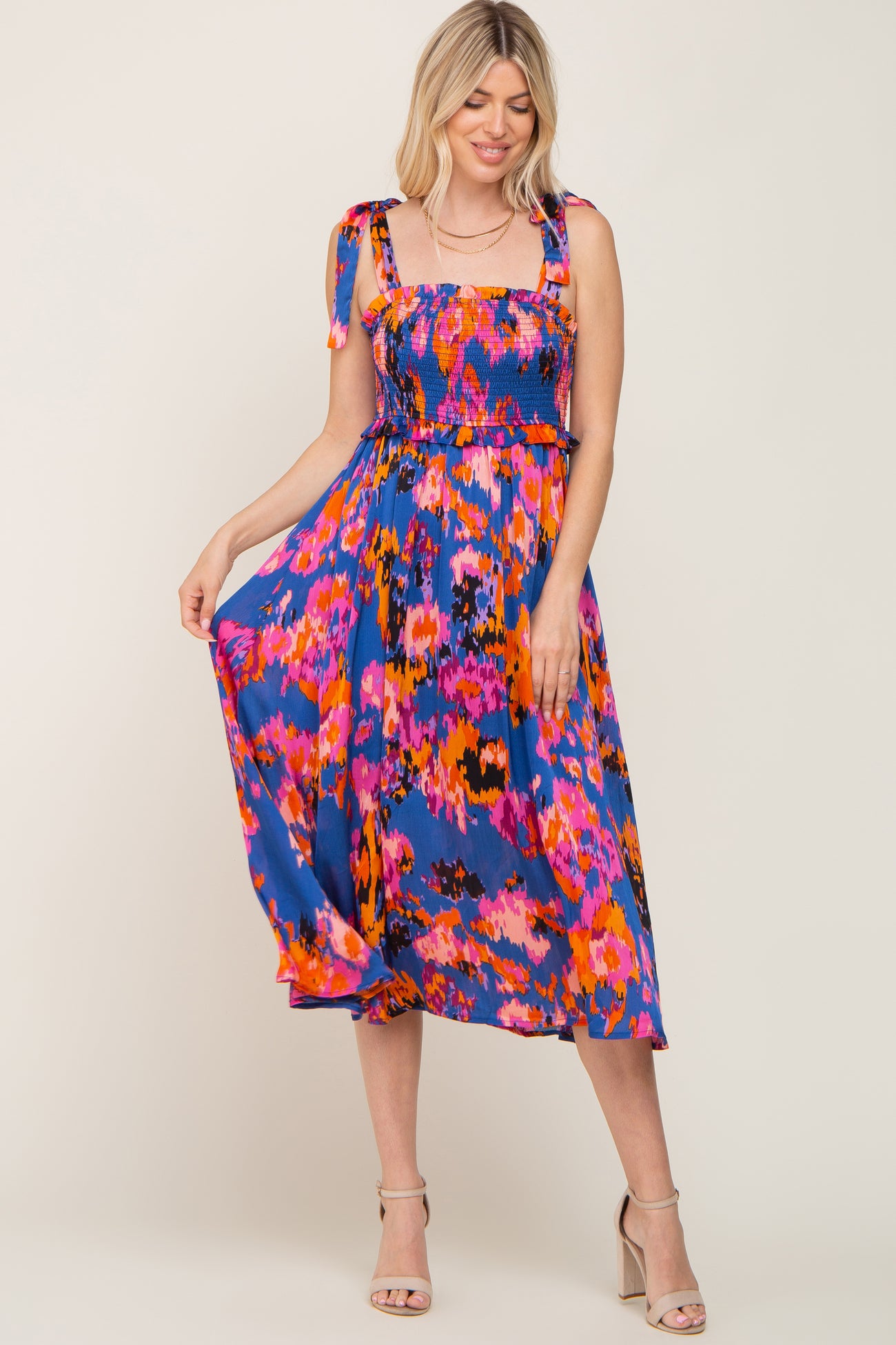 Blue Printed Satin Smocked Midi Dress