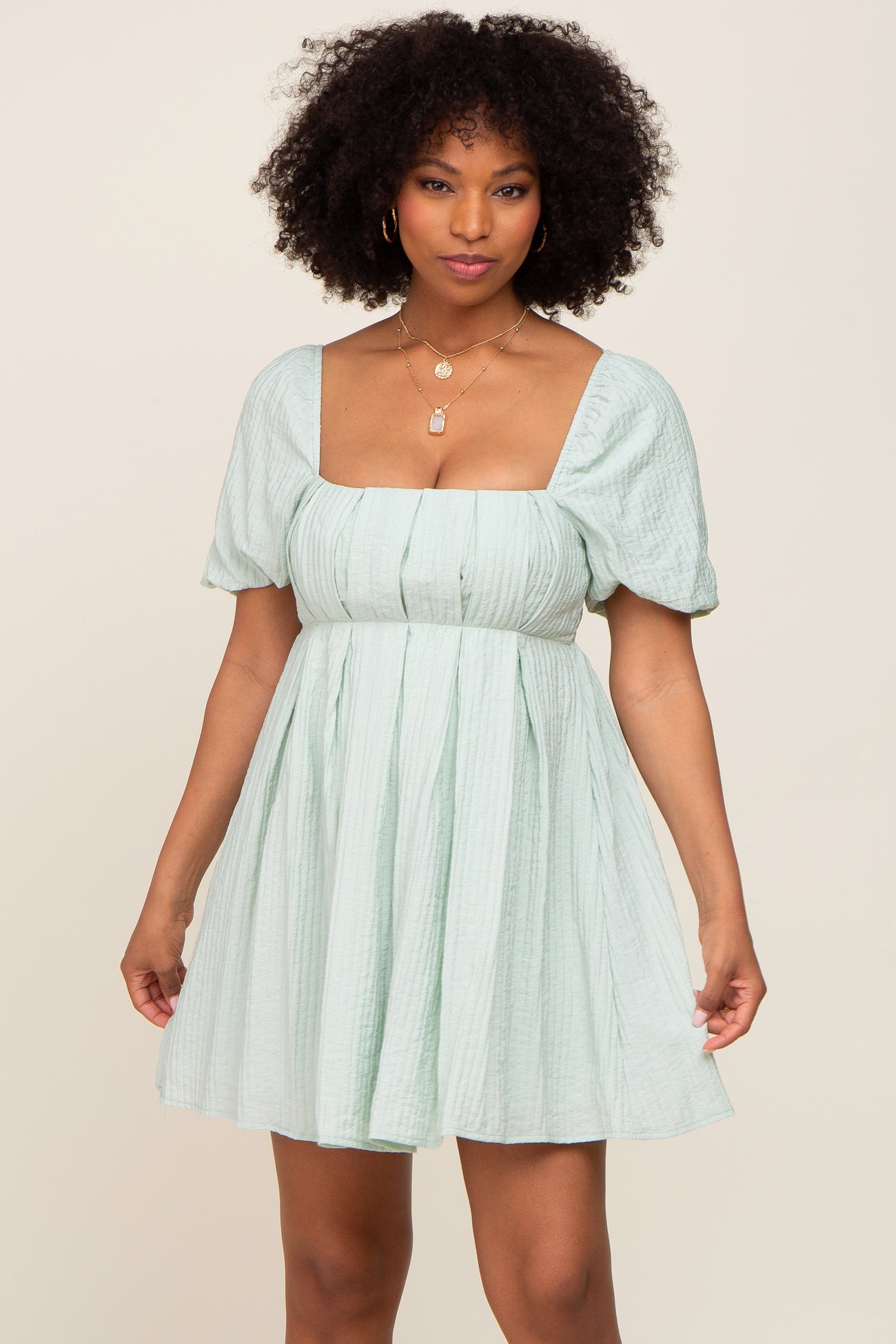 Sage Striped Pleated Puff Sleeve Mini Dress