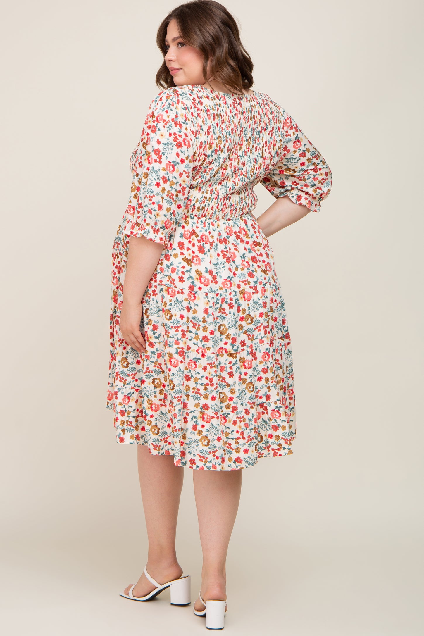 Ivory Floral Smocked Tiered Ruffle Maternity Plus Dress