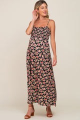 Black Square Neck Smocked Maternity Midi Dress