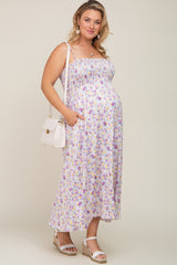 Lavender Square Neck Smocked Plus Maternity Midi Dress