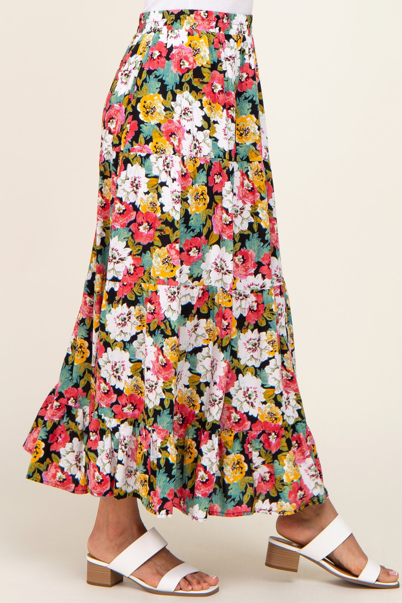 Black Floral Tiered Maxi Skirt