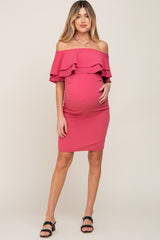 Mauve Off Shoulder Fitted Maternity Dress