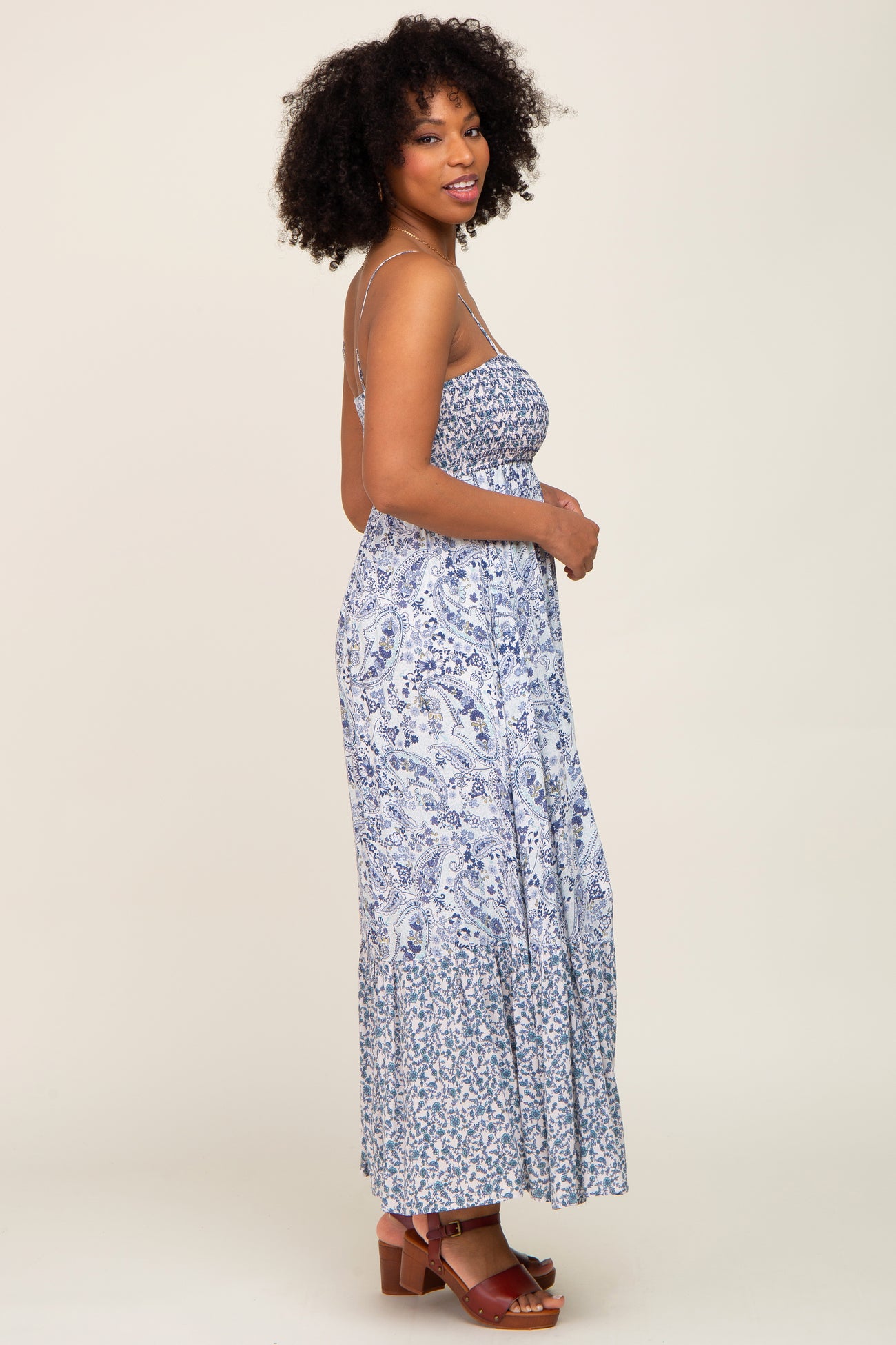 Blue Floral Paisley Smocked Button Front Maxi Dress