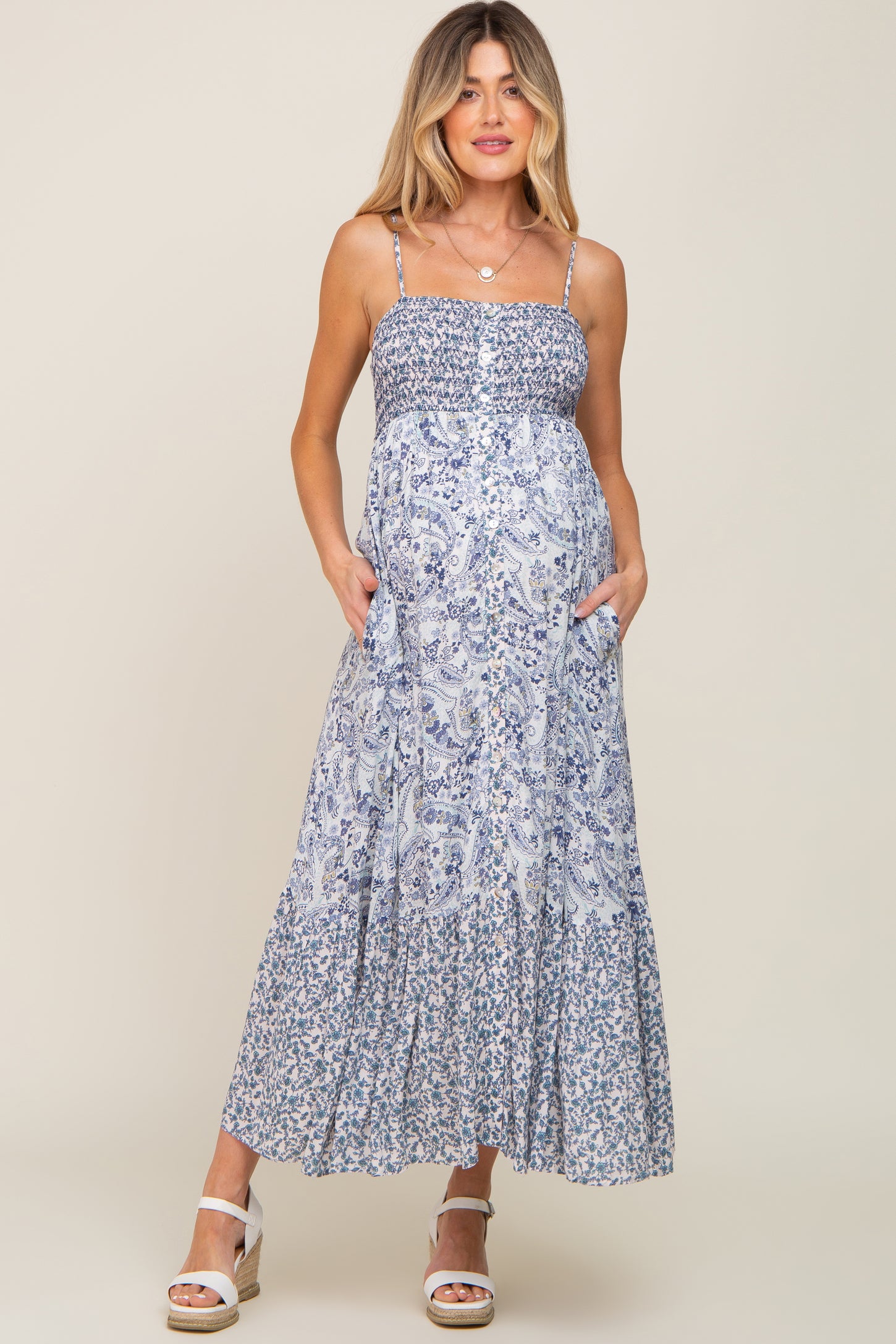 Blue Floral Paisley Smocked Button Front Maternity Maxi Dress