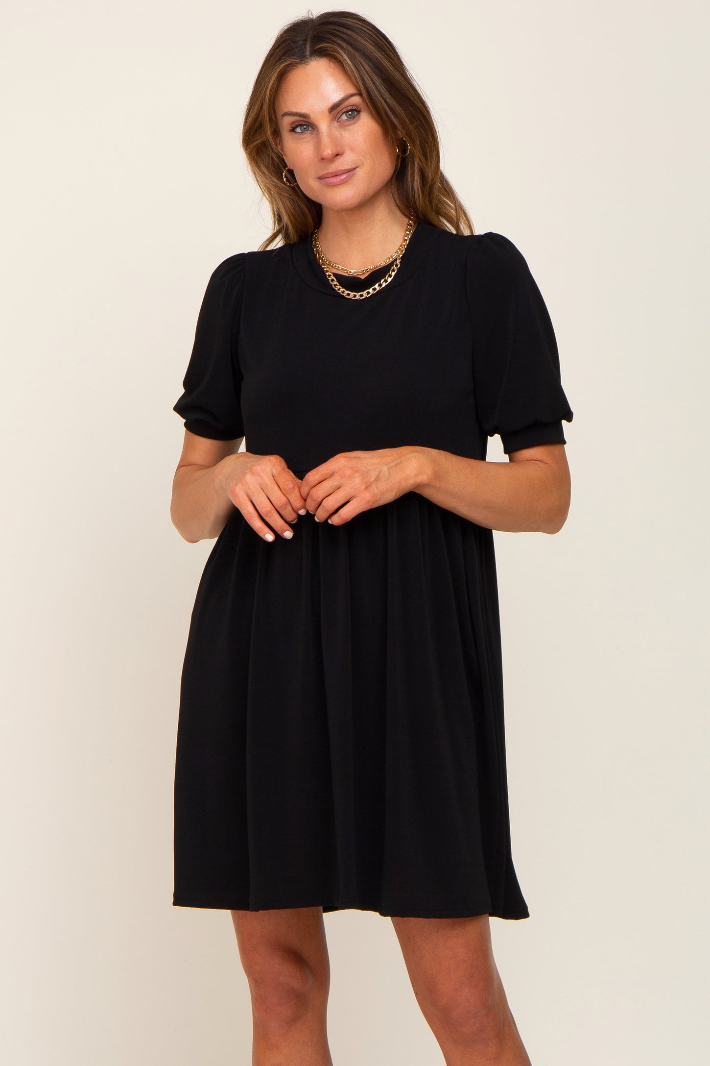 Black High Neck Puff Sleeve Maternity Dress