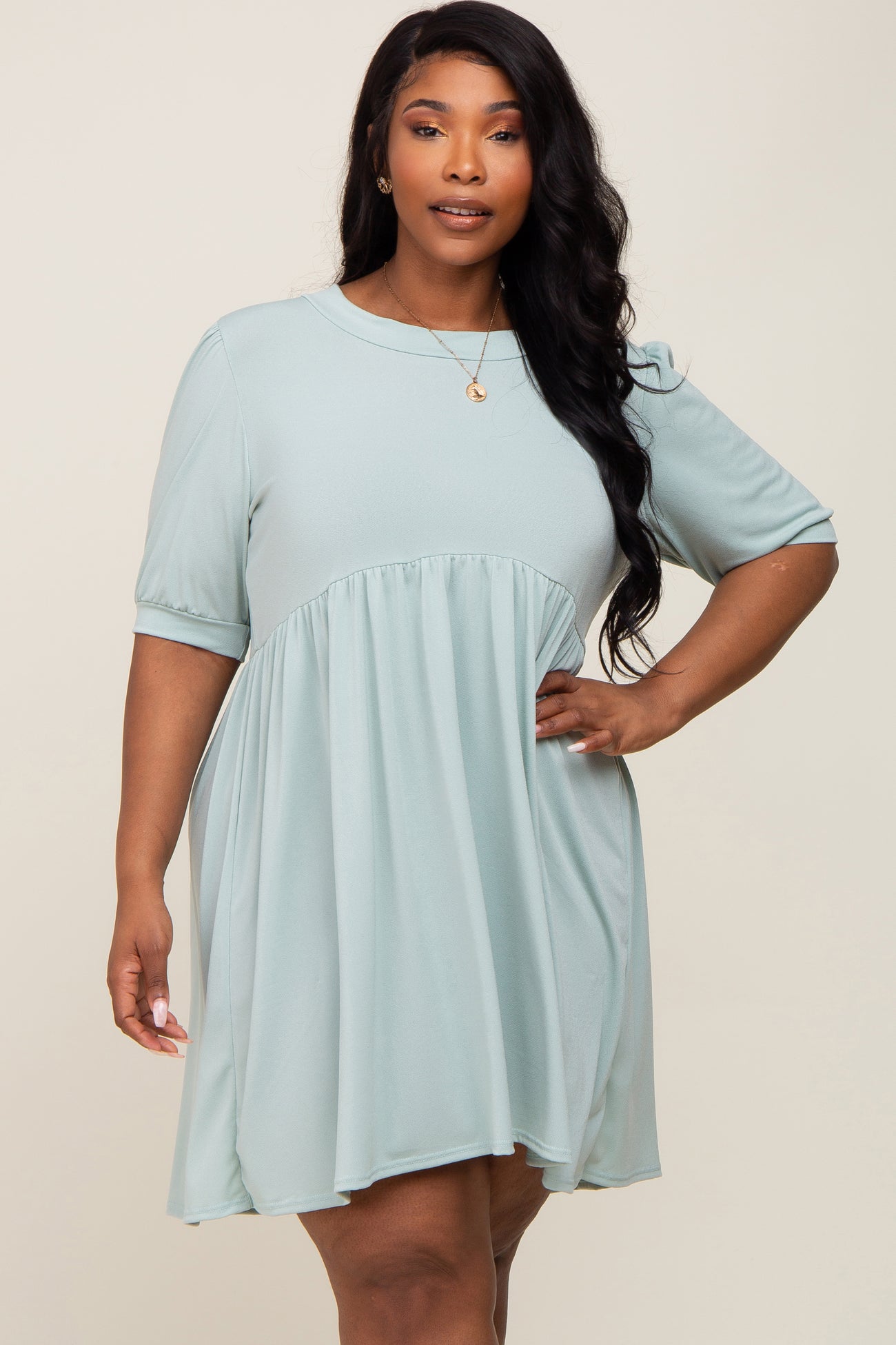 Light Green High Neck Puff Sleeve Plus Dress