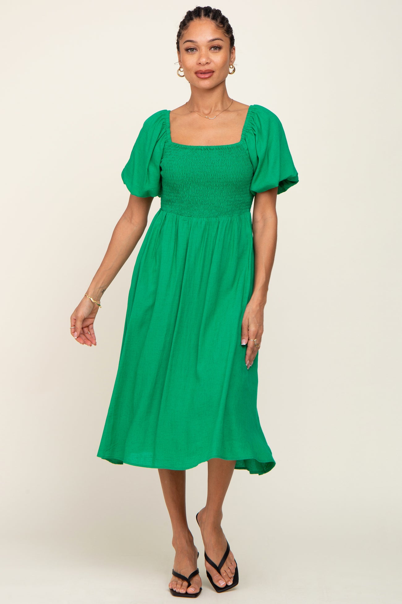 Green Smocked Puff Sleeve Maternity Midi Dress