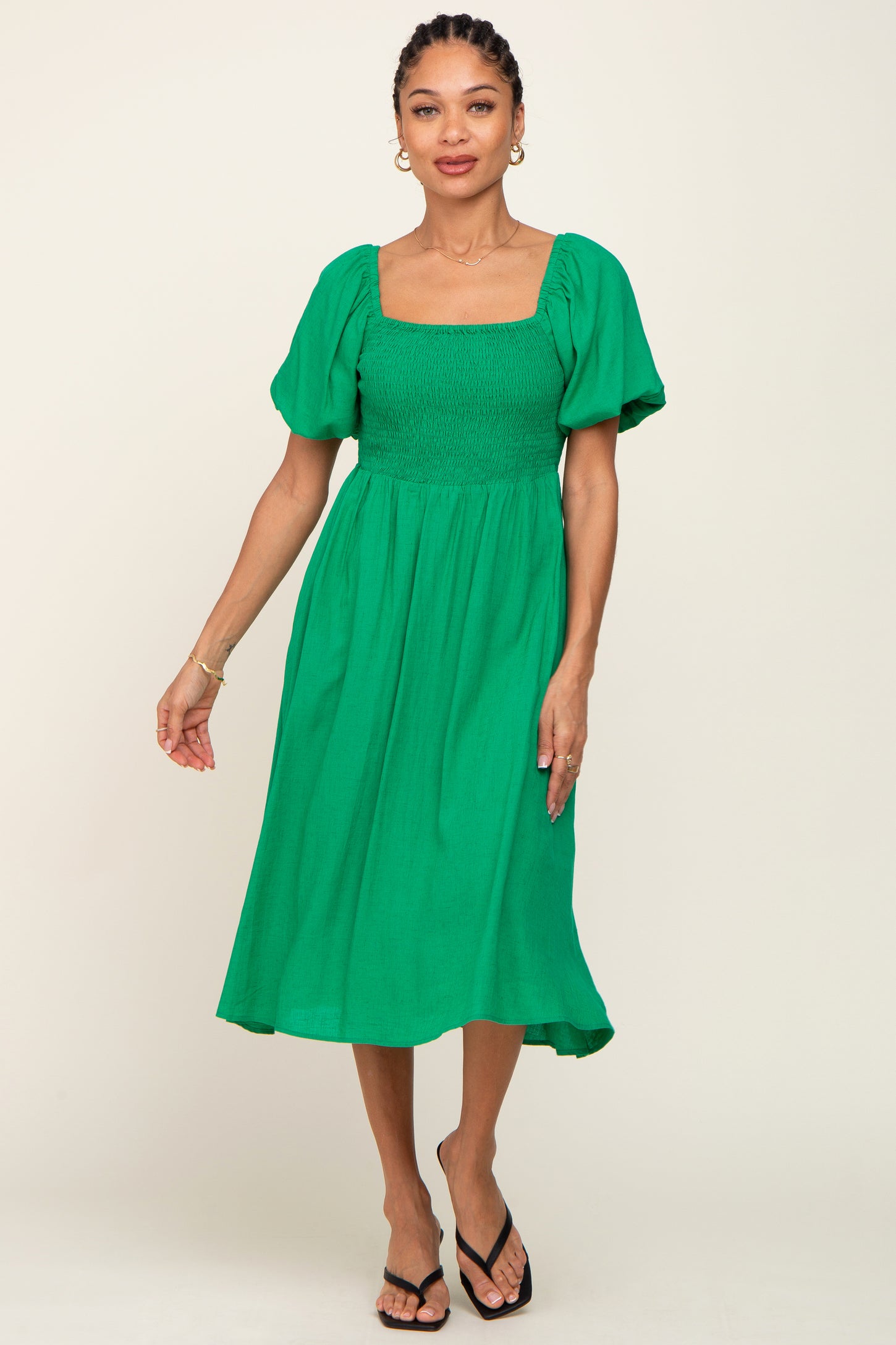 Green Smocked Puff Sleeve Maternity Midi Dress