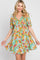 Green Floral Smocked Puff Sleeve Dress