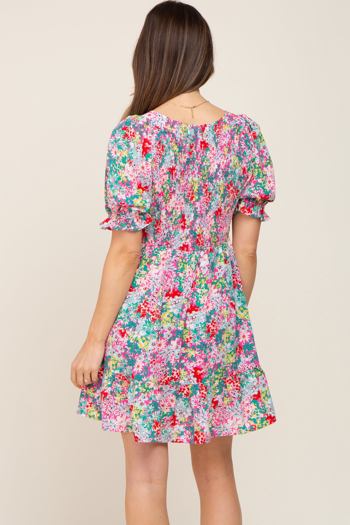 Fuchsia Floral Smocked Puff Sleeve Maternity Dress