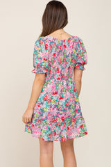 Fuchsia Floral Smocked Puff Sleeve Maternity Dress