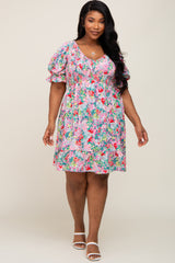 Fuchsia Floral Smocked Ruffle Accent Plus Dress