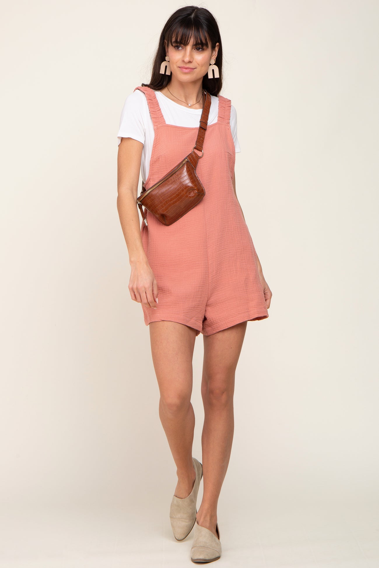 Peach Square Neck Elastic Strap Romper