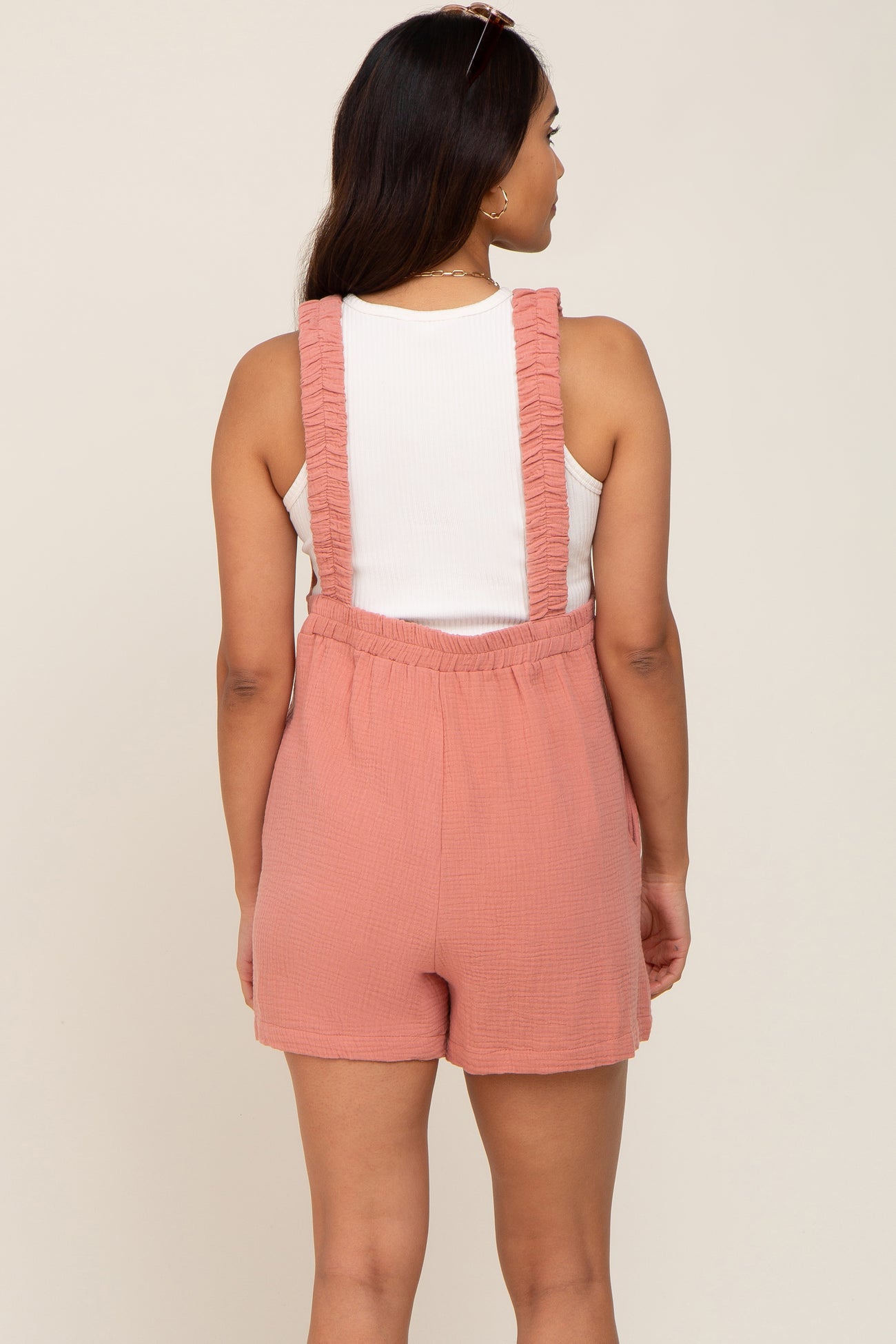 Peach Square Neck Elastic Strap Maternity Romper