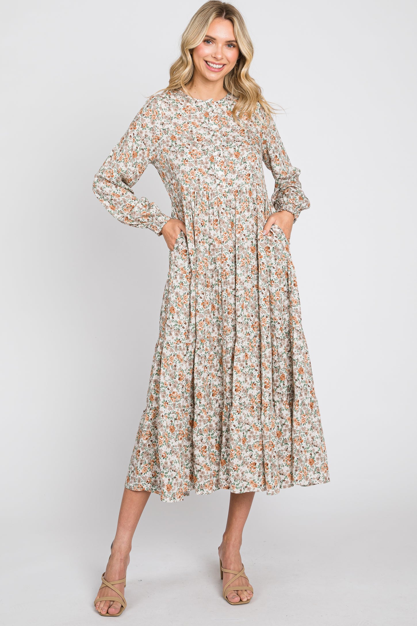 Beige Floral Button Front Long Sleeve Tiered Midi Dress