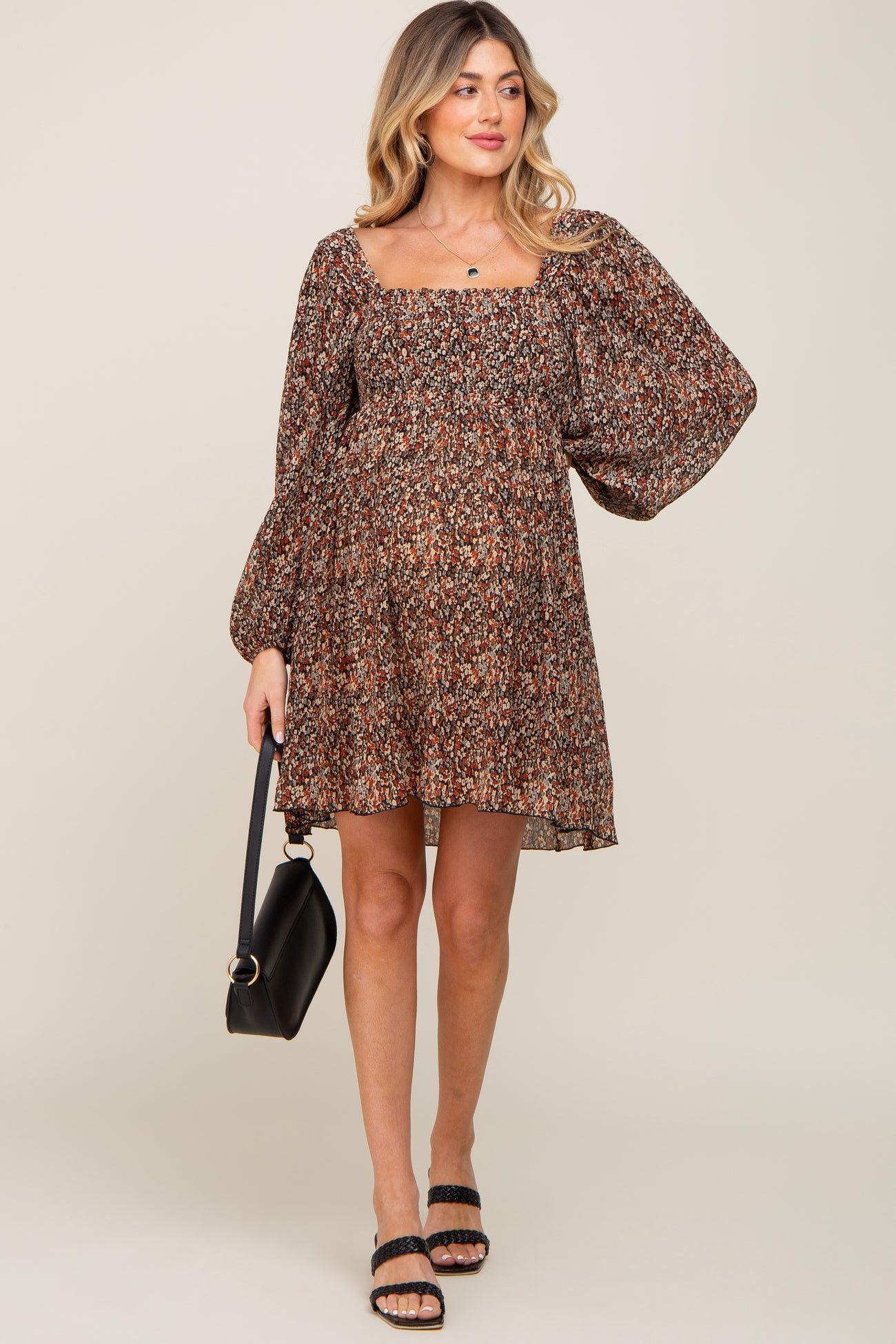 Black Floral Pleated Maternity Dress